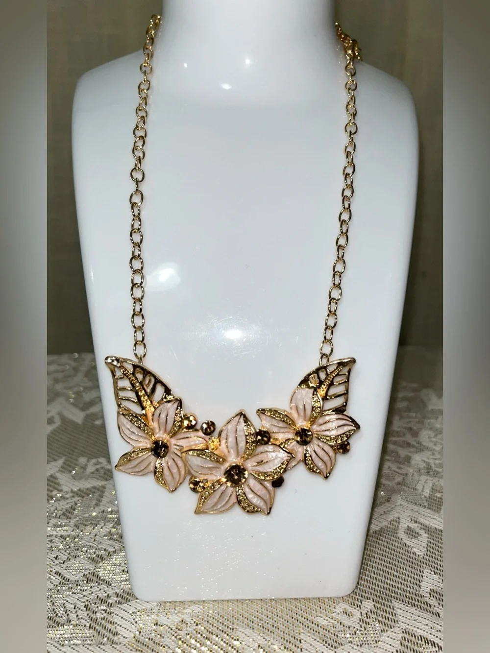 Whimsical Floral Rhinestone Statement Necklace NEW